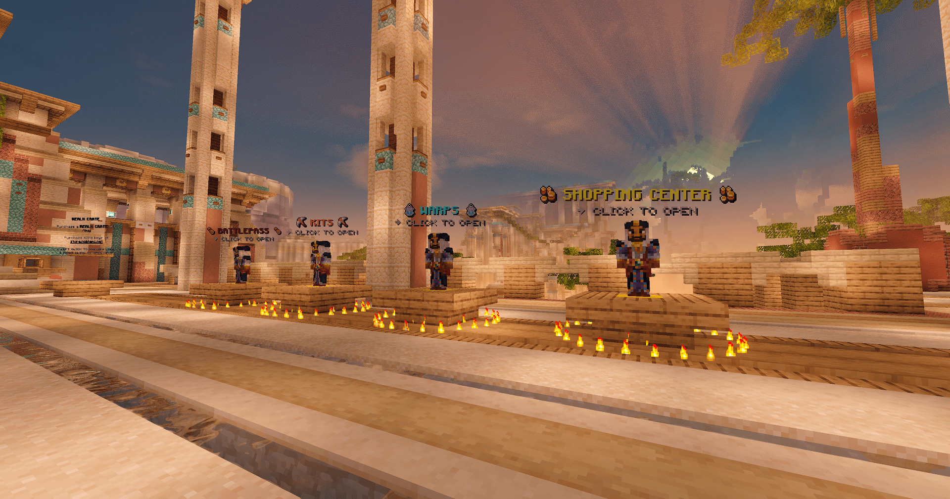 Shopping Center, Warps, Kits, and Battlepass lane in the NobleMC hub
