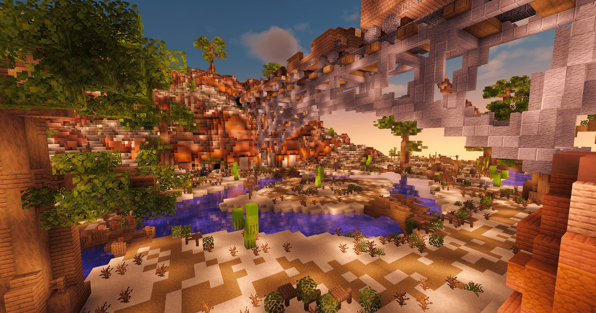 Mining canyon overlook with bridges and water in NobleMC