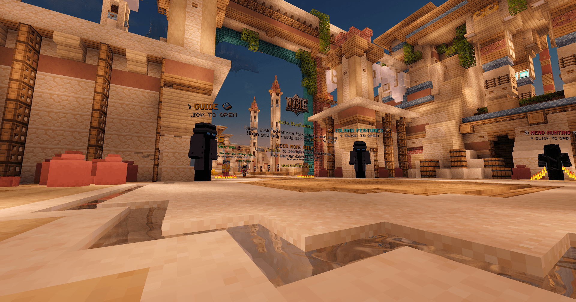 Spawn courtyard with guide and island features NPCs in Noble